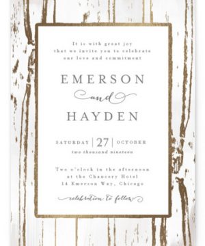 Gilded Woodgrain Foil-Pressed Wedding Invitations