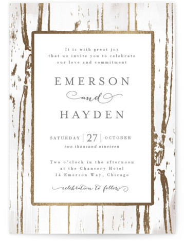 Gilded Woodgrain Foil-Pressed Wedding Invitations