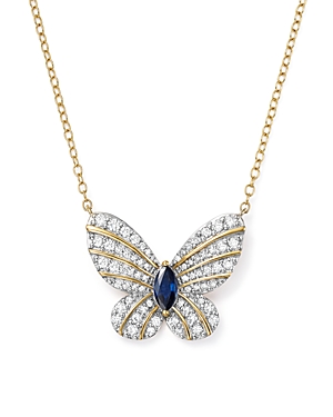 Diamond and Blue Sapphire Butterfly Pendant Necklace in 14K Yellow Gold, 17 - 100% Exclusive