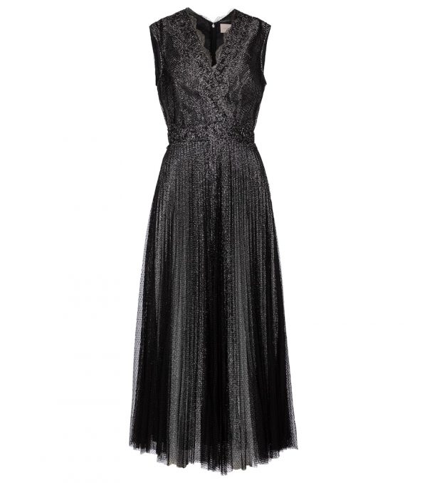 Lace-trimmed glitter tulle midi dress