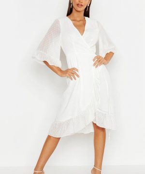 Womens Dobby Chiffon Wide Sleeve Midi Wrap Dress - White - 14, White