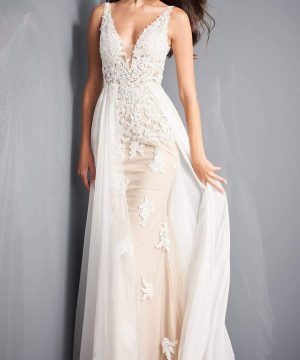 Jovani - 3117 Sleeveless Lace Embellished Sheath Gown With Overskirt