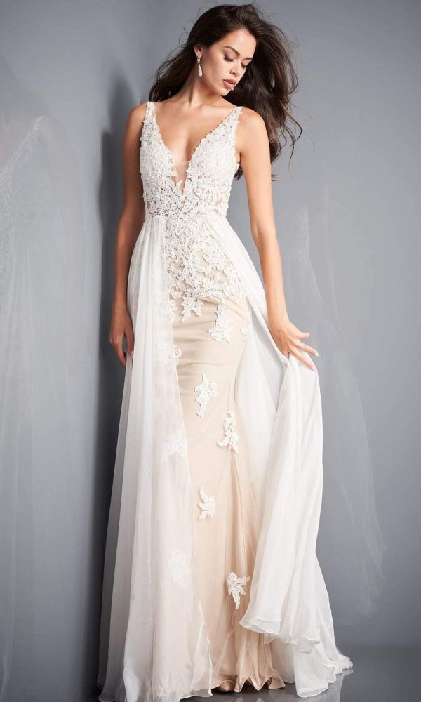 Jovani - 3117 Sleeveless Lace Embellished Sheath Gown With Overskirt