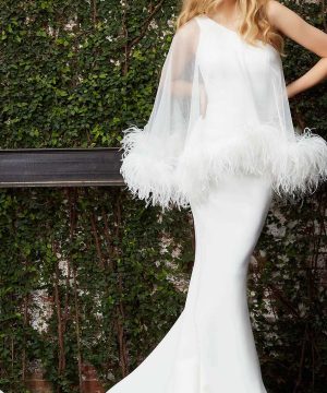 Jovani Bridal - JB07360 Feather Fringed One Shoulder Bridal Gown