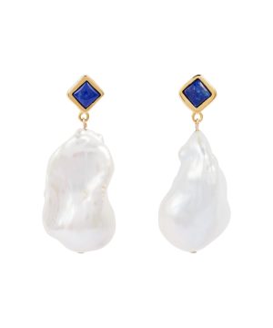 Mer Large 18kt gold earrings with lapis and baroque pearls