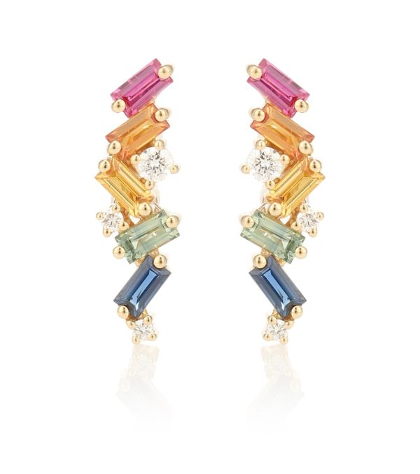 Rainbow Fireworks 18kt gold earrings with diamonds and sapphires