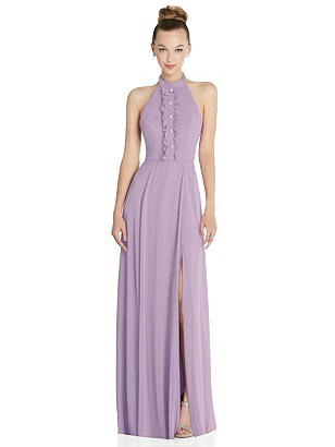 Special Order Halter Backless Maxi Dress with Crystal Button Ruffle Placket